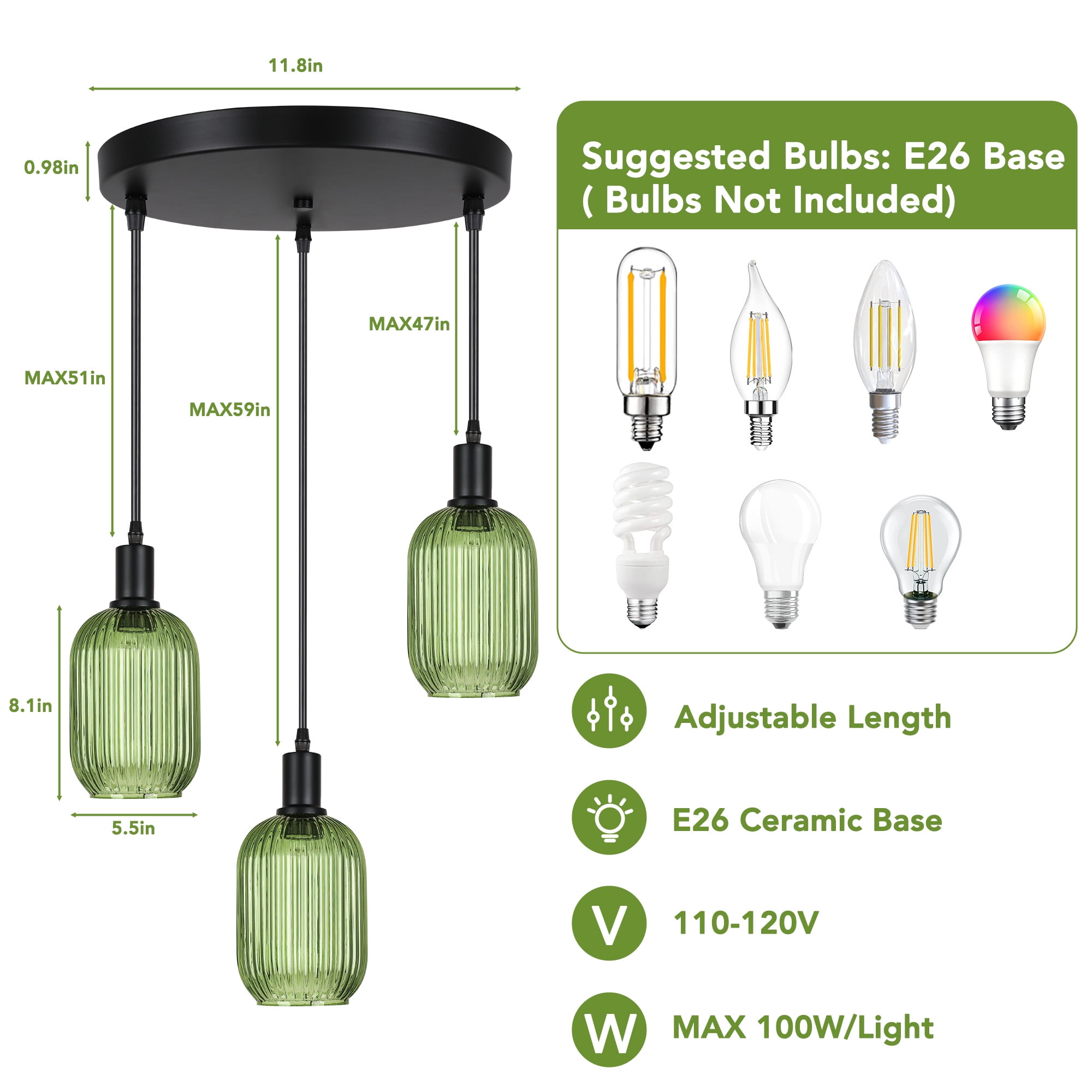 SparkGlowy 59in Glass Chandelier Pendant Lights for Kitchen Island Dining Room Modern Light Fixture Chandeliers Green