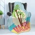 thumbnail image 4 of Graphic Beach Soft Flannel Fleece Blanket, Summer Malibu Typography on Sunset Seascape and Palm Trees Colorful Cartoon, Cozy Plush for Indoor and Outdoor Use, 70" x 90", Multicolor, by Ambesonne, 4 of 5