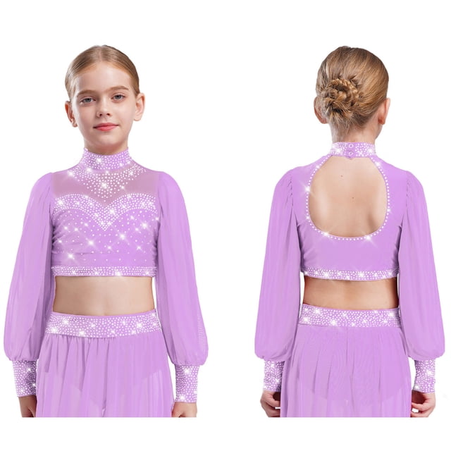 Oyolan Kids Girls Sparkly Rhinestone Dance Crop Top Modern Latin Jazz Stage Performance Lyrical Dancewear Lavender 16