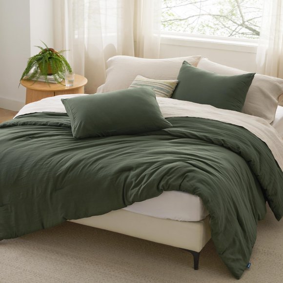 Juego de edredón Bedsure, tamaño completo, verde oscuro, prelavado, 3 piezas