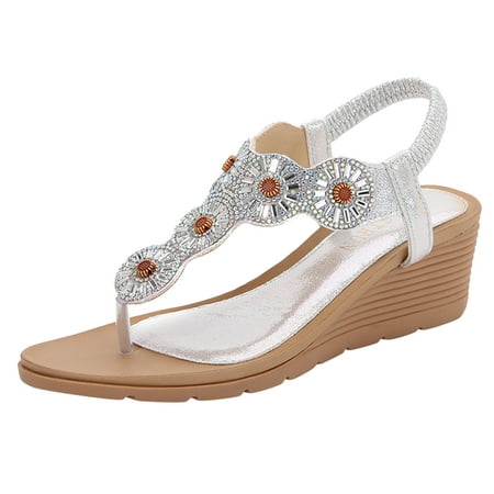 

Puawkoer Sandals For Women Comfort With Elastic Ankle Strap Casual Bohemian Beach Shoes Fashion Rhinestone Decor Scallop Trim Thong Sandals