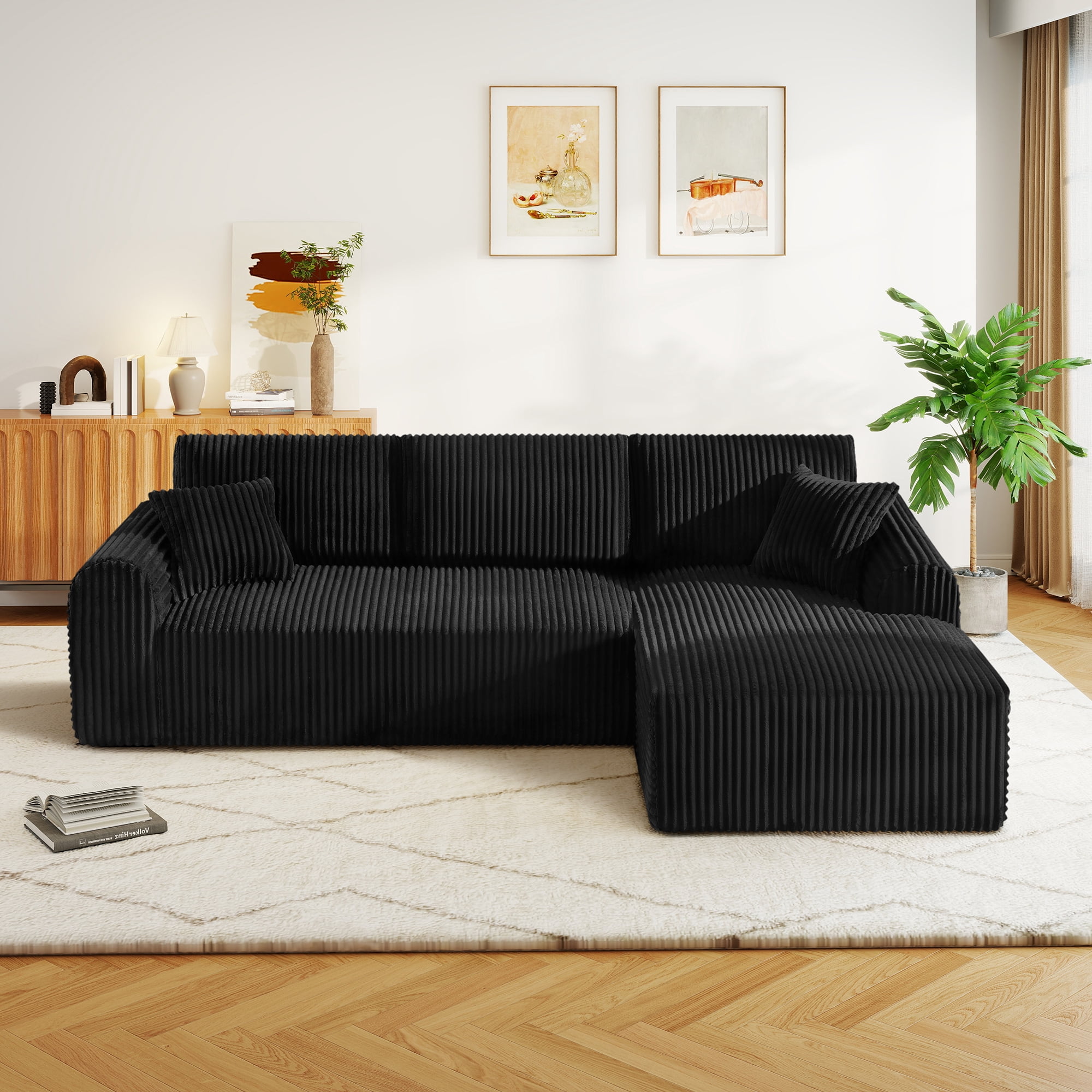 Aukfa 109" Modular Cloud Sectional Sofa with L-Shape Chaise, Corduroy Upholstered Deep Seat Couch, Right Facing Chaise, No Assembly Boneless Sofa for Living Room/Bedroom/Apartment, Black