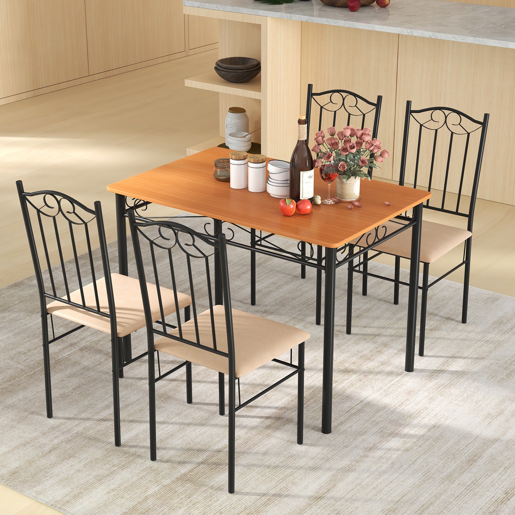 Costway 5 PC Dining Set Wood Metal 30" Table and 4 Chairs Black Kitchen Breakfast Furniture - image 4 of 8