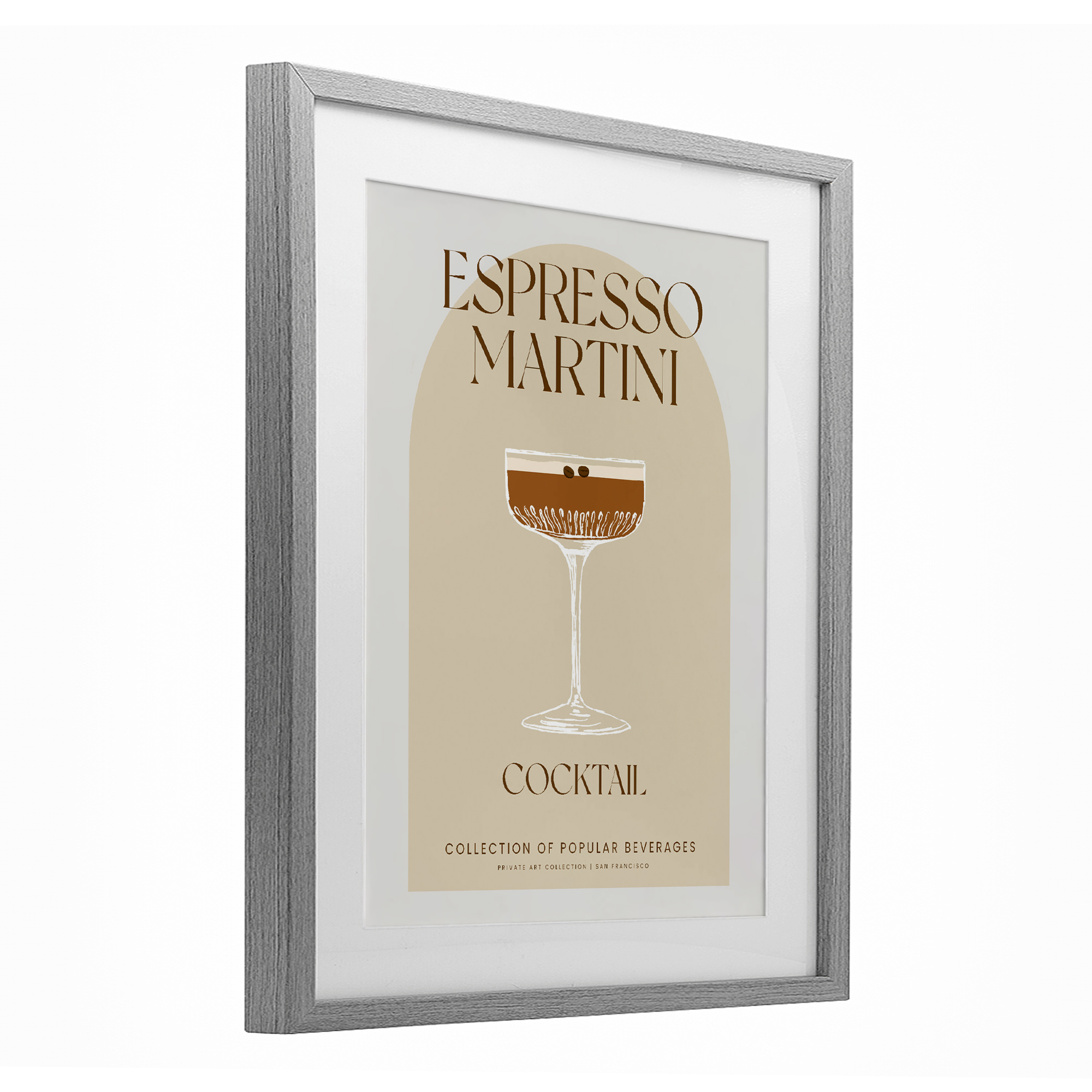 Stylish Retro Espresso Martini Gray Framed Print Under Glass, design by Lil' Rue