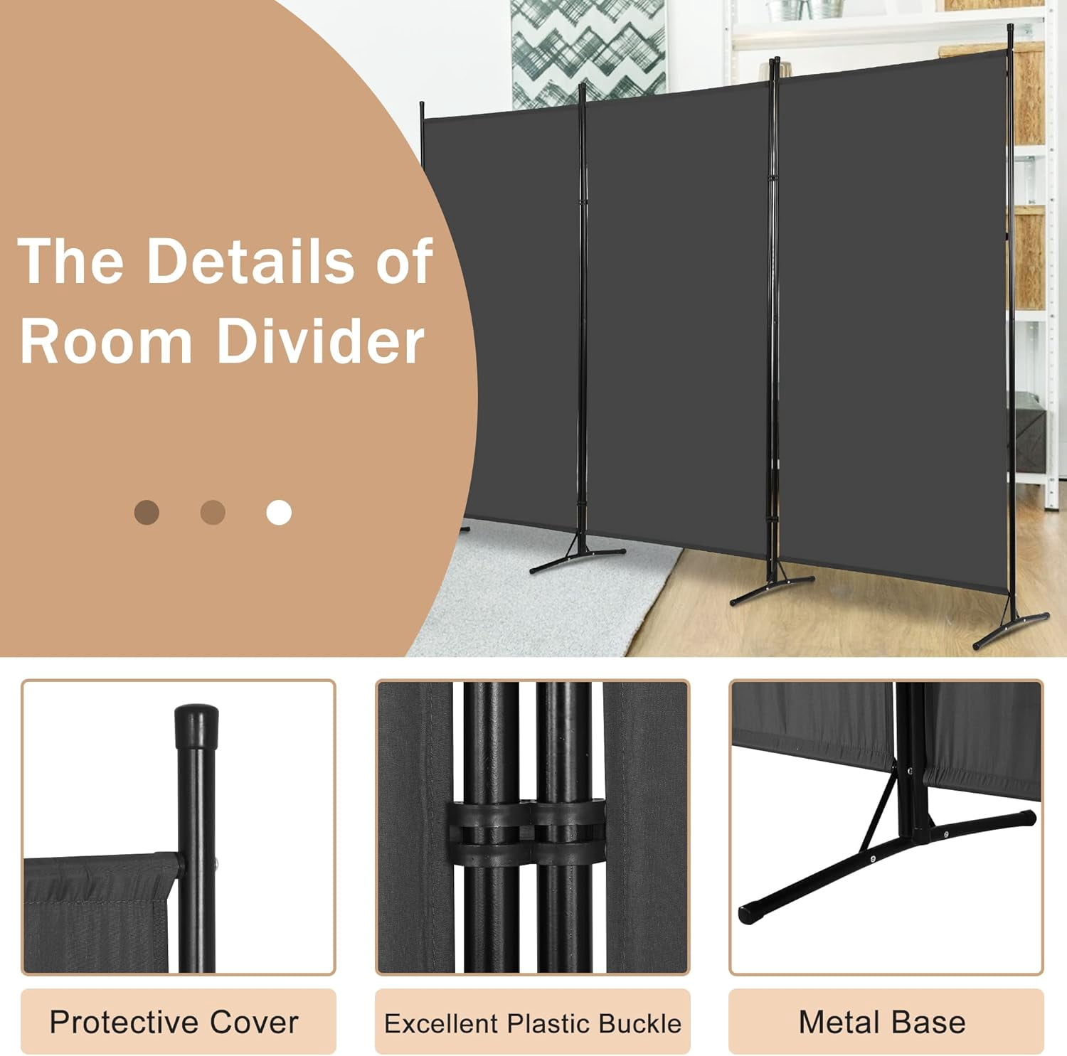 CL.HPAHKL 3 Panel Room Divider 6 Ft Tall, Folding Privacy Screen Portable Room Partition for Bedroom, Living Room & Office, Easy to Move and Set Up, Grey
