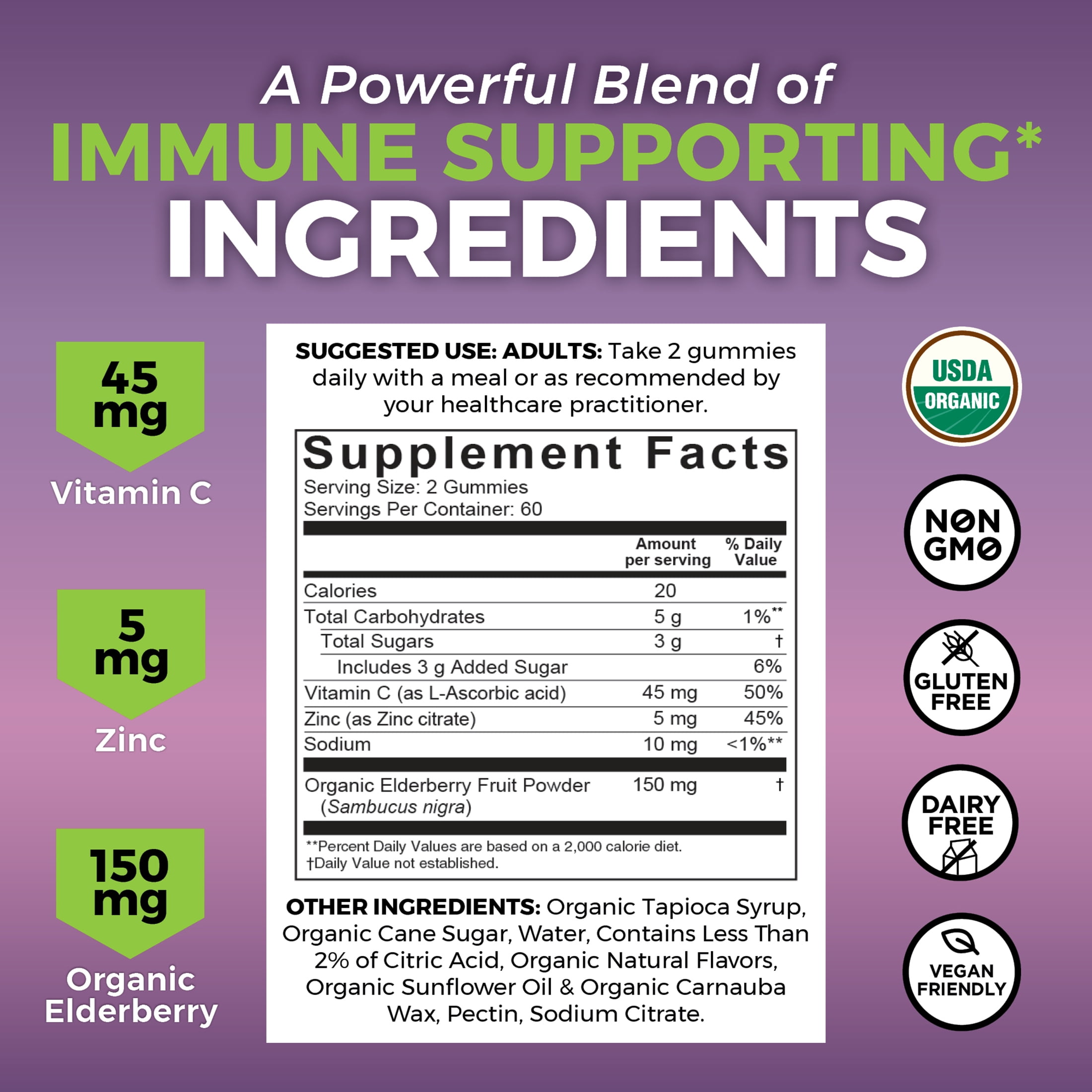 Viva Naturals Organic Elderberry, Vitamin C + Zinc Gummies, Raspberry Rush Flavor, 120 Gummies