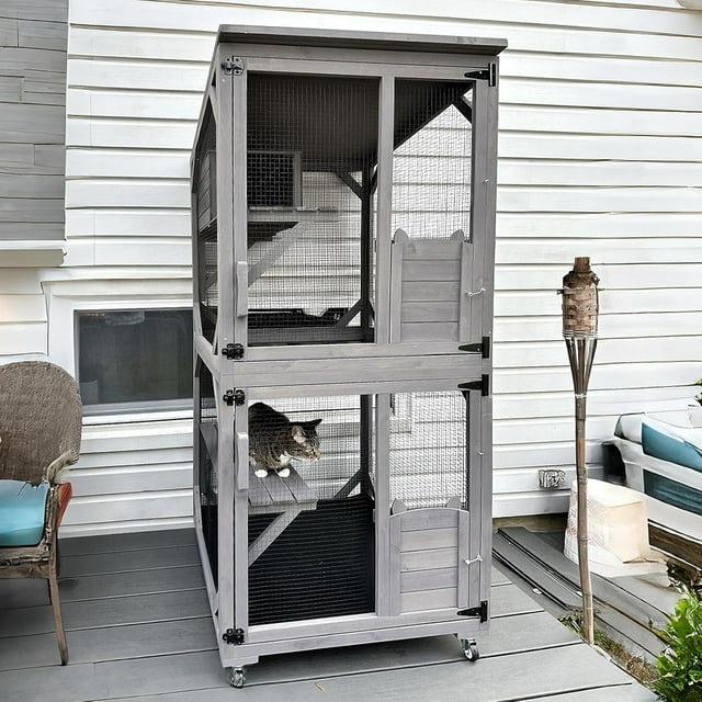 Aivituvin Catio Enclos Extérieur pour Chat Fenêtre Maison pour Chat sur Roulettes Grandes Cages Mobiles pour Chats d'Intérieur pour Chats Multiples avec Toit en Bâche, Plateformes, Boîte de Repos
