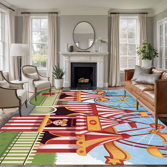 Area Rug for Living Room, Amusement Park Non-Slip Indoor Large Carpet for Bedroom/Dining Room, Cute Cartoon Wheelwheels Circus Washable Low-Profile Rectangle Floor Runner Rugs - 6 x 9 Ft