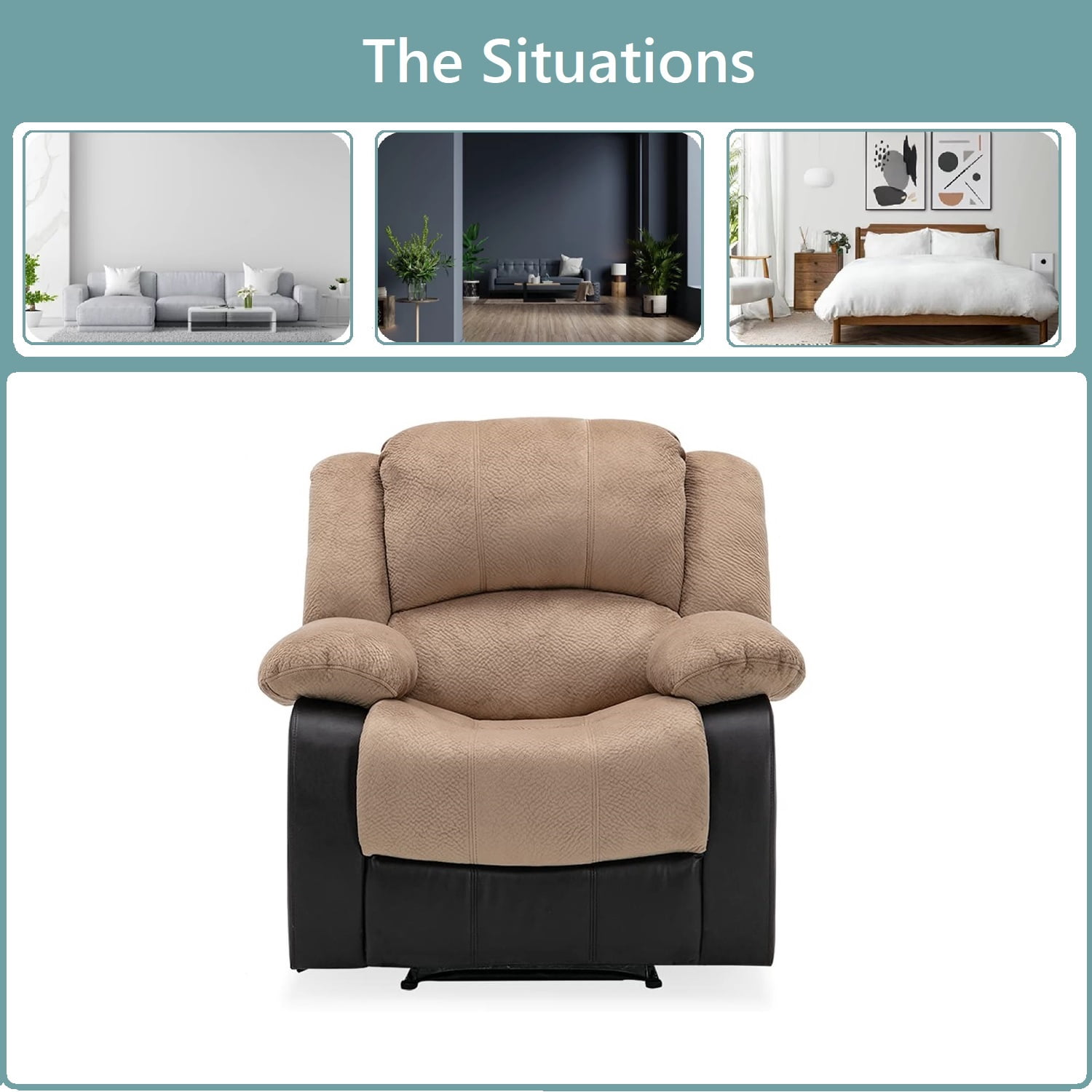 Nathaniel Home Manual Single Recliner Chair, PU Leather Upholstered Couch Sofa, Tufted Reclining Sofa, Plush Scoop Theater Seating, Lounge Chair for Living Room, Beige