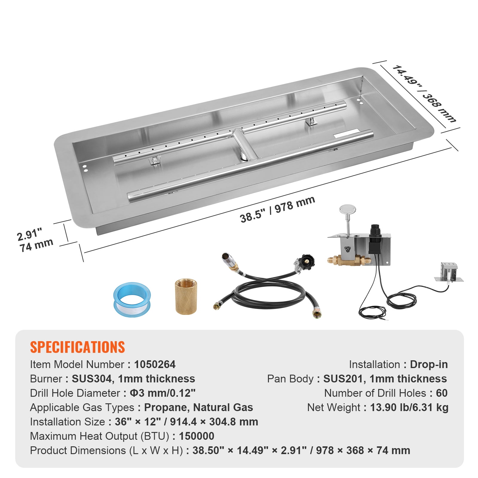 KFFKFF 36 x 12 inch Rectangular Drop-in Fire Pit Pan with Stainless Steel Burner Kit, Compatible with Natural & Propane Gas, 150,000 BTU H-Burner