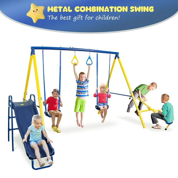 YuAnWe Playground Set for Backyard with Slide, Belt Swing, Seesaw and Trapeze