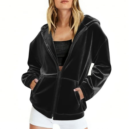 Velvet Zip Up Hoodie Women Casual Warm Jacket Long Sleeve Sweatshirt with Pockets Fleece Hoody Jacket Womens Fall Winter Cardigan Pullovers Sweat Top Plain Hoodies Thermal Outwear black L