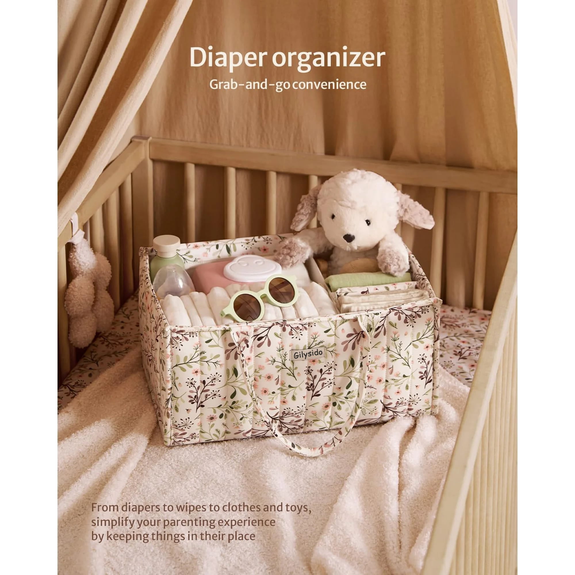 Gilysido  Floral Diaper Caddy Organizer, Cotton Baby Basket, Gift for Baby Shower, Newborn Essentials, Pastoral Daisy