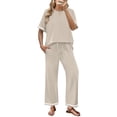 thumbnail image 2 of GIPQJK Women's 2 Piece Outfits Set Short Sleeve Crew Neck Casual Pullover Top Drawstring Striped Baggy Pants Travel Solid Color Pajama Set,Beige S, 2 of 6