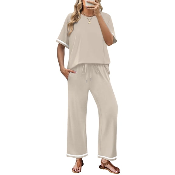 Lounge Set for Women Two Piece Fashion Travel Outfits Summer Beach Vacation Tracksuit Comfy Wide Leg Airport Loungewear