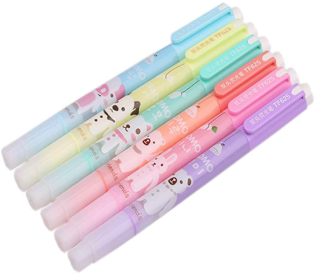 Pack of 6 Cute Kawaii Novelty Cartoon Colored Assorted Animals Double Highlighter Pen Office School Supplies Students Children Gift (Color May Vary)