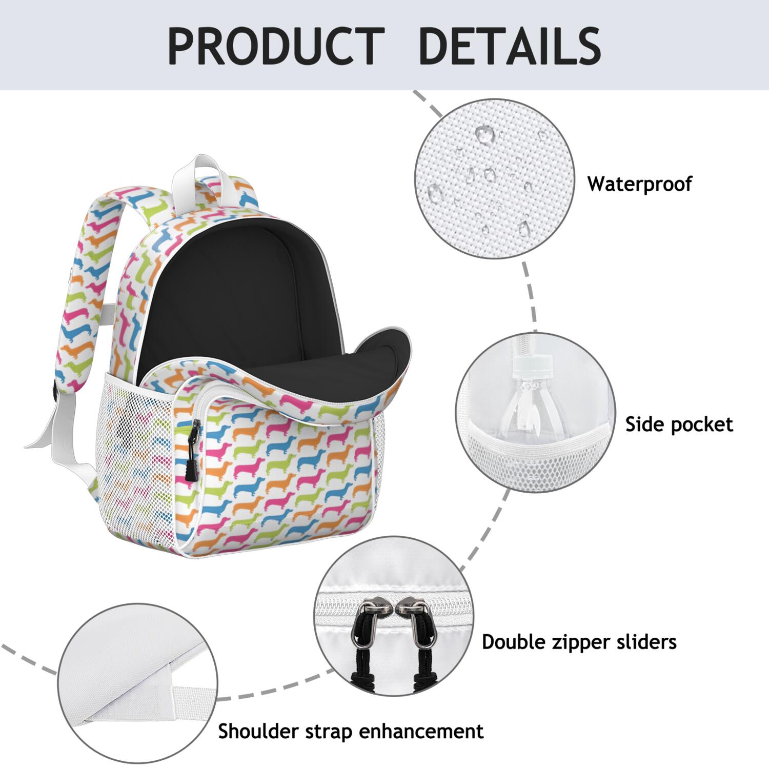 Colorful Funny Dachshund Backpack for School,Cute School Bag,Schoolbag with Adjustable Shoulder Straps & Padded Back,15"x11.42"x5.5"