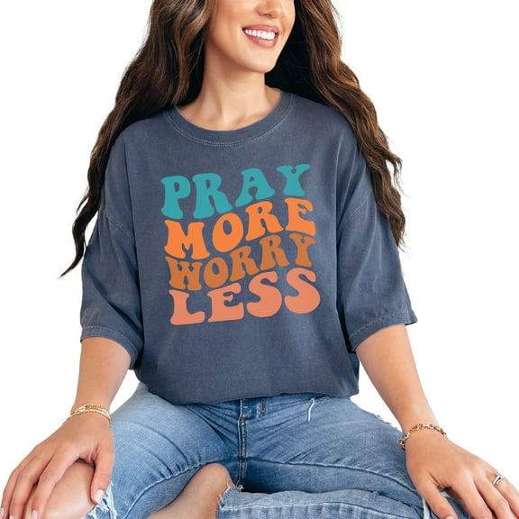 Pray More, Worry Less, Praying Quote, Groovy Retro Wavy Text, Denim Comfort Colors T-Shirt, Small