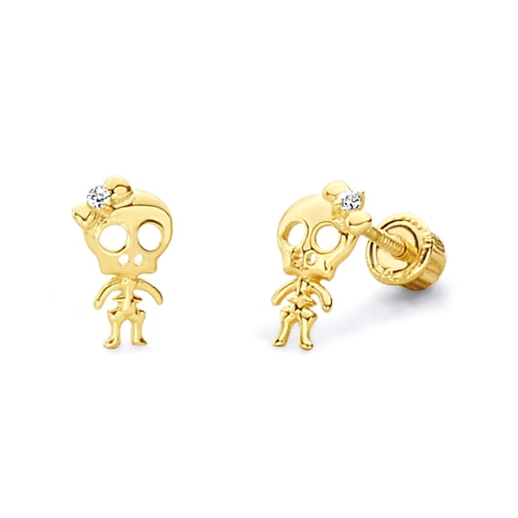 14k REAL Yellow Gold Skeleton Stud Earrings with Screw Back