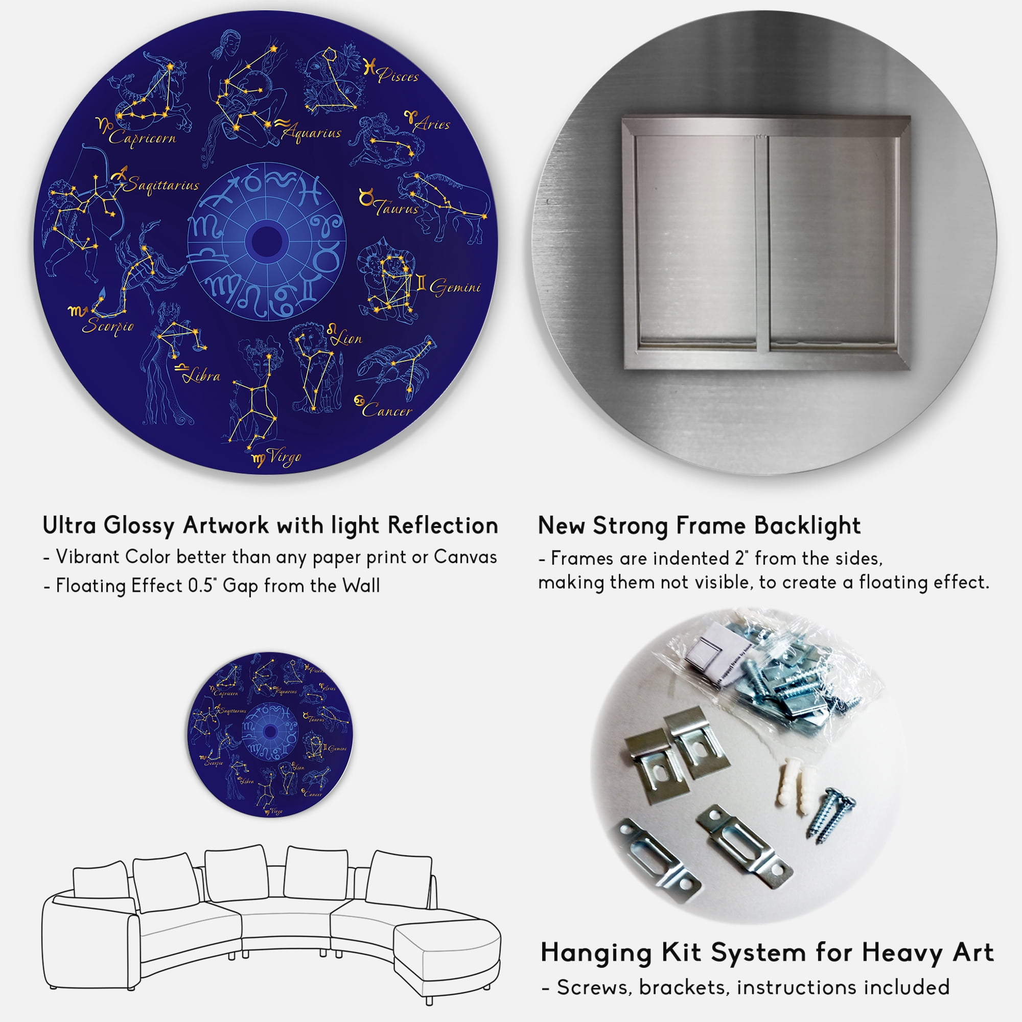 Designart 'Zodiac Signs and Zodiac With Constellations' Modern Circle Metal Wall Art 29x29 - Disc of 29