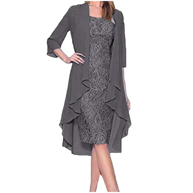 Ensemble de Robes en Mousseline pour Femme Grande Taille, Dentelle Florale à Empiècements, Liquidation, Élégant Décontracté, Tenue de Jeu, Manches Longues, Printemps, Encolure Dégagée, Tendance, Filles, Gris, P
