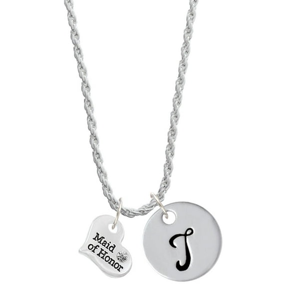 Delight Jewelry Silvertone Small Maid of Honor Heart Silvertone Script Initial Disc - T - Charm Necklace, 20"+3"