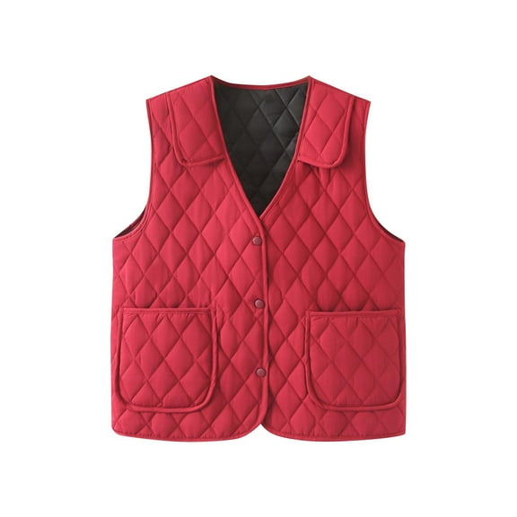 UTSJKR Quilted Vest for Women Lightweight Button Down Padded Sleeveless Jacket V Neck Puffy Fleece Puffer Gilet with Pockets Red XXXXL