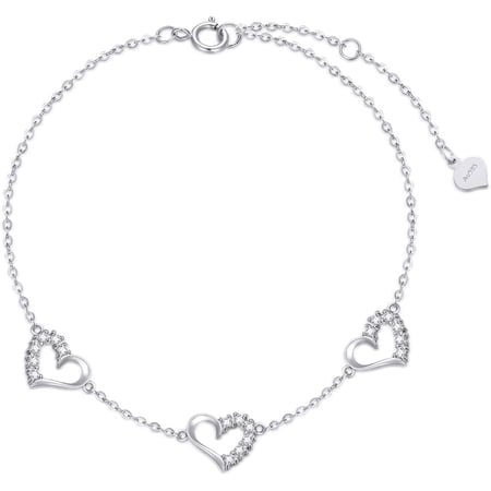 AOBOCO10k White Gold Heart Anklet for Women, Cubic Zirconia Love Ankle Bracelet Jewelry for Wife/Mother/Sister, Birthday Gifts for Her, 9.4"-11"