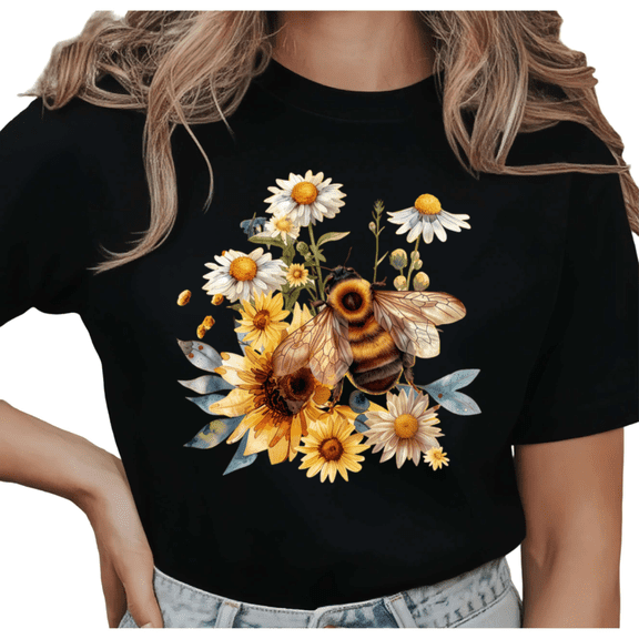 UNISHE Women's Watercolor Bee with Sunflowers and Daisies Graphic Short Sleeve T-Shirt Casual Cotton Crewneck Top
