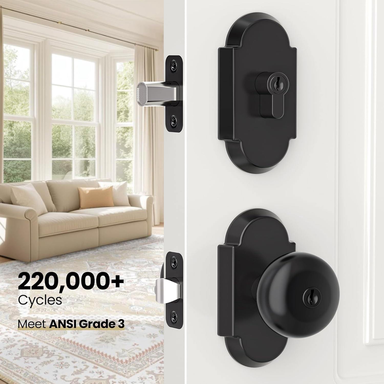 Keyed Alike Entry Door Knobs with Lock and Key, Antique Brass Door Knob Interior Entrance Door Lockset for for Front Door and Bedroom