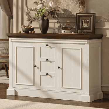 48 Inches Buffet Cabinet with Storage, 34" Tall Farmhouse Sideboard Buffet with 3 Drawers and 2 Doors, Rustic Wood Coffee Bar Cabinet with Adjustable Shelves,Credenza for Kitchen,Living Room, White