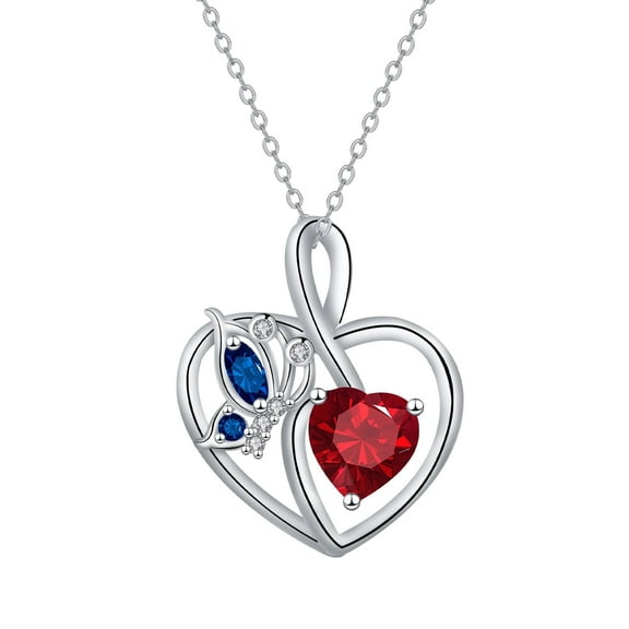Butterfly Necklace with Heart Garnet, Sterling Silver Heart Pendant Necklace for Women Wife Mom