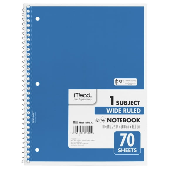 Mead Spiral Notebook, 1 Subject, Wide Ruled, 10.5" x 7.5", 70 Sheets, 24 Pack, Assorted
