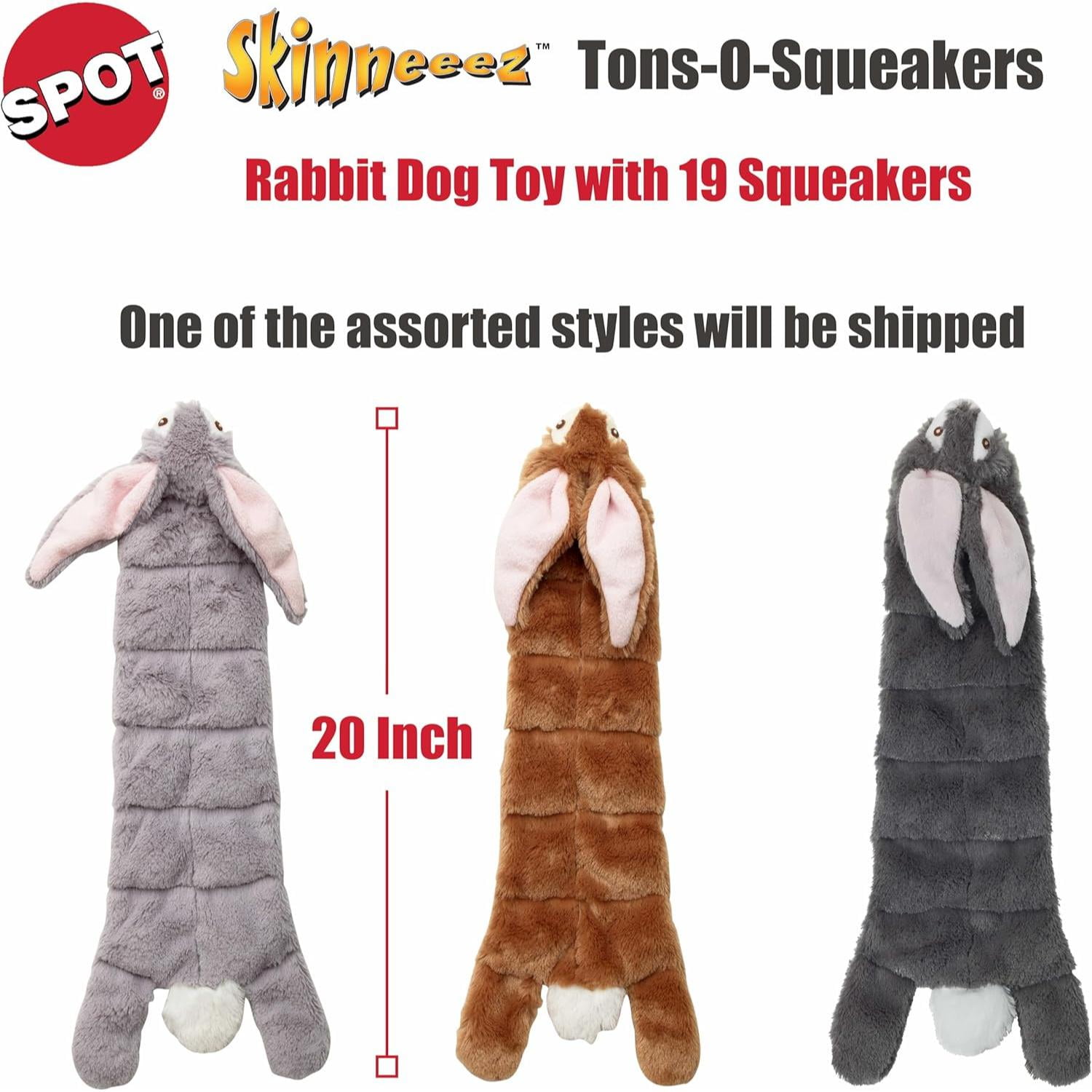 SPOT Skinneeez Tons-O-Squeakers Rabbit Dog Toy, Fun No Stuffing Dog Toys with 19 Squeakers, for Moderate Chewers, Medium to Large Puppies & Dogs, 20in