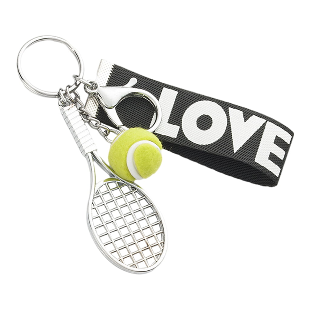 Metal Tennis Ball Racket Pendant Keyring Key Chain Sports Lovers Gift Silver 