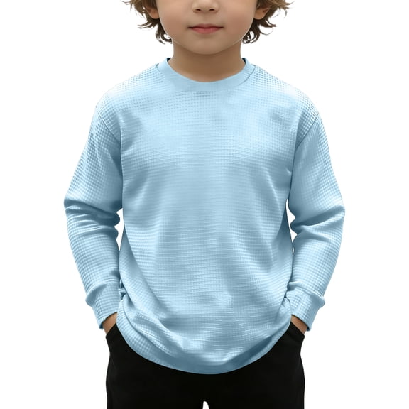 Abcomgle Long Sleeve Shirts for Boys 10-12 Trendy Waffle Crewneck Tshirts for Boys Spring Basic Top for Boys Loose Boys Sweatshirts,Light Blue,12-13Years