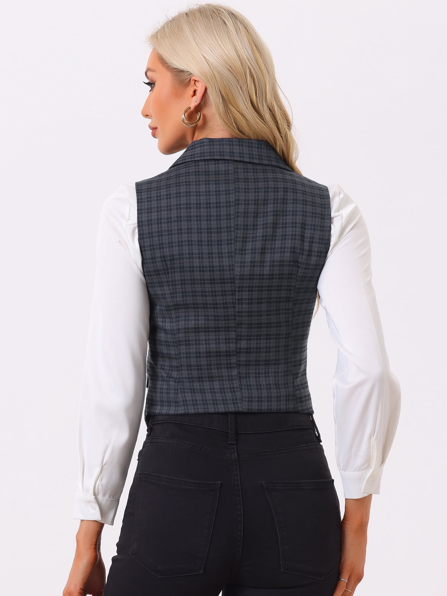 DARING DIVA Women's Plaid Waistcoat Notched Lapel Collar Vintage Vest S Grey Blue