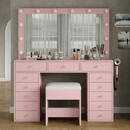 Corner Vanity Desk with Mirror and Lights, Modern Makeup Vanity