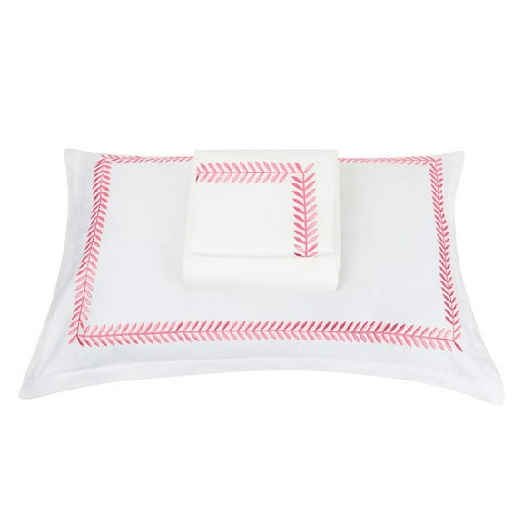 The Tangerine Store 2-Piece Willow Linen Cotton Mix Duvet Cover Set 63x88 inches - Twin Size, White With Bubblegum Pink Embroidered Edge - Zip Closure, 4 Corner Ties, Pre-Washed Fabric
