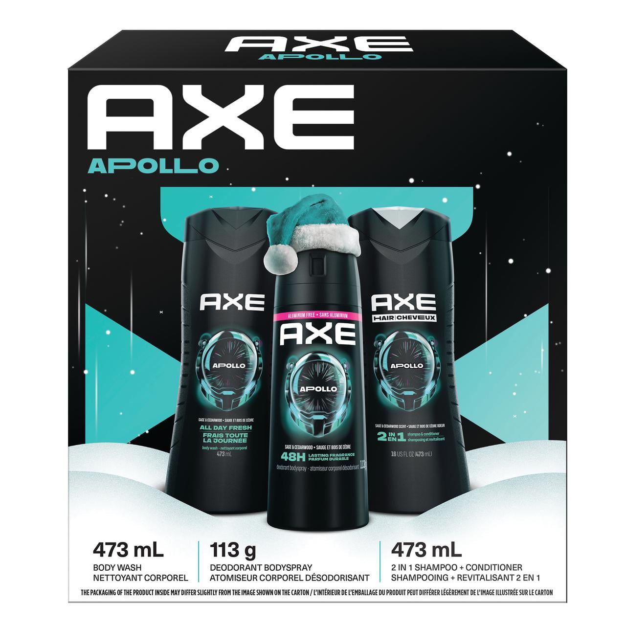 Ensemble-cadeau pour homme avec nettoyant corporel, shampooing et revitalisant 2-en-1 et atomiseur corporel désodorisant AXE pour homme Apollo parfum emblématique 3 pièces AXE MIXED APOLLO_GP