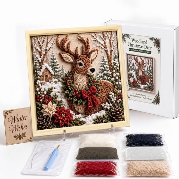 3D Fabric Poke Art Kit Woodland Deer 7.87in Christmas DIY Craft Set with Frame Stand and Poke Tool for Home Decor and Gift