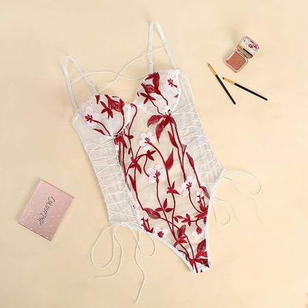 

HIMIWAY Ladies Sexy Lace Embroidered Strappy Transparent Seductive One-Piece Underwear Red