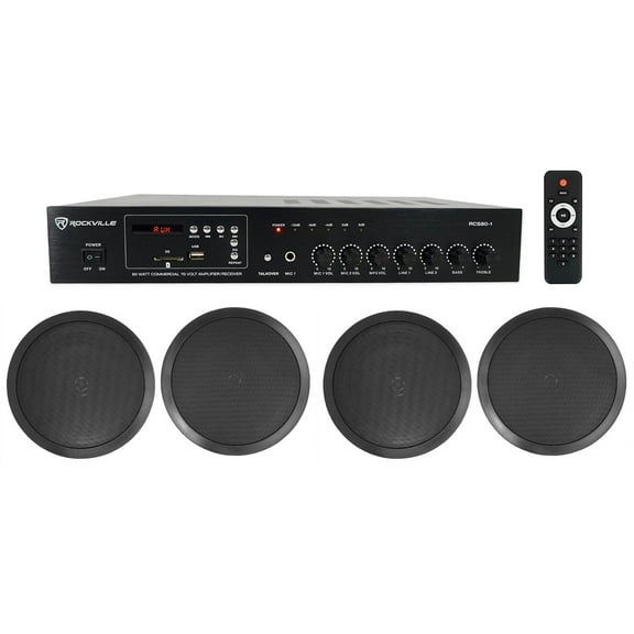 Rockville Commercial Amplifier (4) 8" 2-Way Black Ceiling Speakers 4 Restaurant