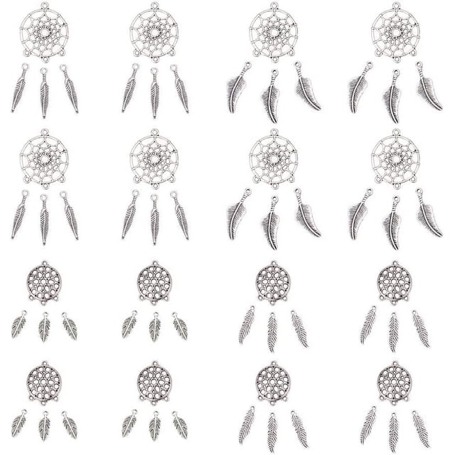 2 tamaños 40 piezas de dijes de atrapasueños de estilo tibetano 80 piezas de dijes de alas de plumas de 4 tamaños Colgantes de cuentas Charms