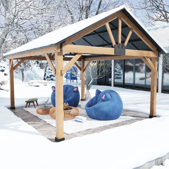 MeetLeisure 11' x 13' Cedar Solid Wood Patio Hardtop Gazebo with Black Steel Gable Roof for Patios Lawn and Backyard,Black