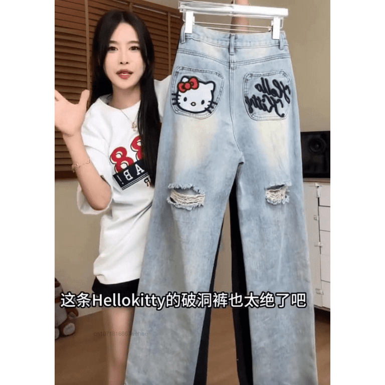 Sanrio Hello Kitty Embroidered Pattern Baggy Jeans Women's Sanrio Hello Kitty Embroidered Pattern Baggy Jeans Women's