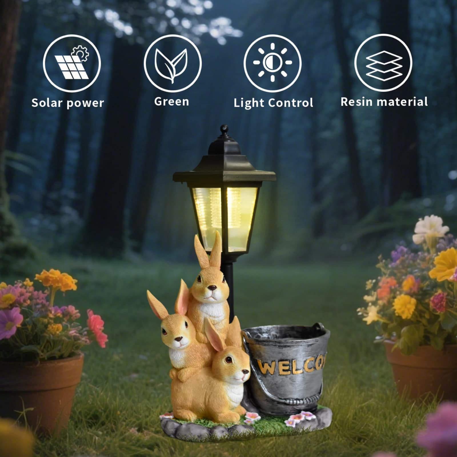 Rabbit Figurine Solar Garden Statue Outdoor with LED Lantern Light, Bunny Flowerpot Decor for Yard Art Lawn Ornaments, Patio Porch Balcony Decorations, Gardening Gifts for Women Mom Grandma