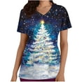 thumbnail image 2 of Women Christmas Scrub Tops Stretchy V-Neck Short Sleeve Cute Print Working Uniform Pull-On Tops with Pockets, M, 2 of 4
