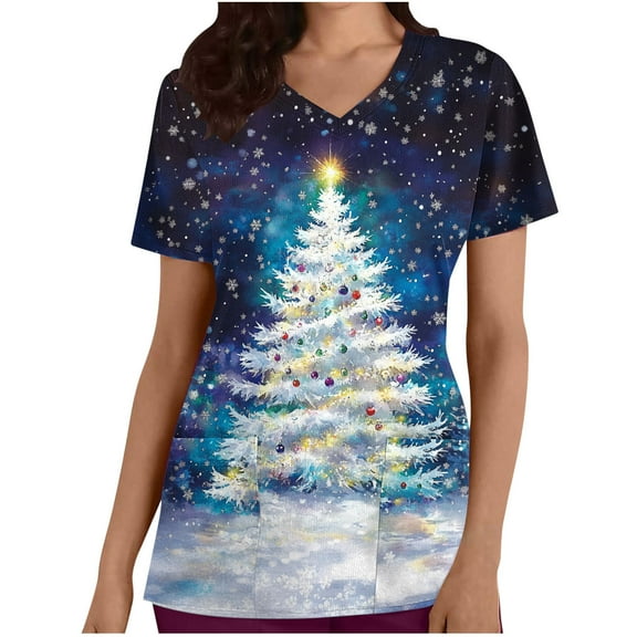 Xfvqtps Christmas Scrub Tops for Women Soft V-Neck Scrubs Comfortable Lightweight Nursing Uniforms Casual Printed Short Sleeve Nurse Top Working Uniforms with Pockets Navy