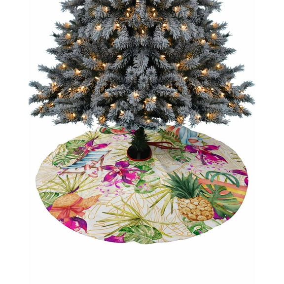 Tropical Leaves Christmas Tree Skirt 48 Inches Large Christmas Skirt Tree, Summer Botanical Watercolor Tree Skirt Christmas Decorations for Fireplace Party Holidays Indoor Outdoor